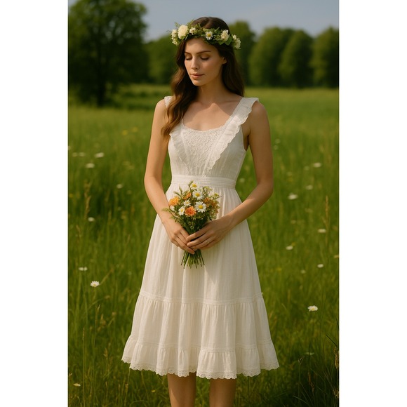 Vintage Gunne Sax Jessica Dress‎ Womens 5 White Floral Victorian Wedding Prairie